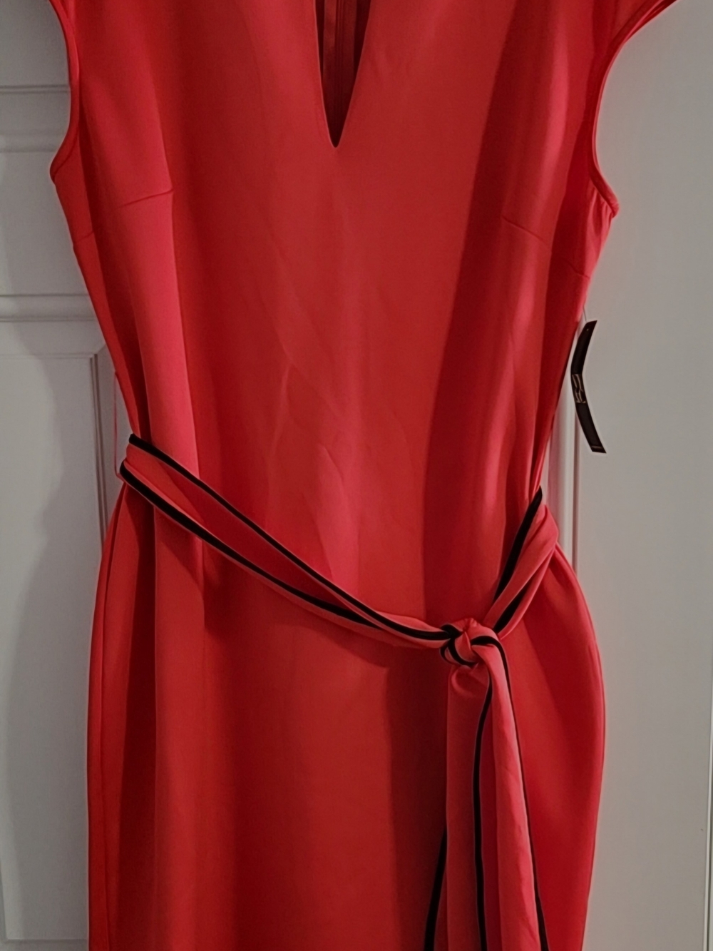New York & Company Coral V-Neck Midi Dress with Contrast Tie